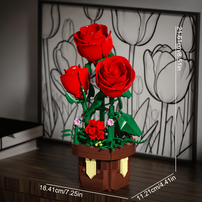 Creative Red Rose Potted Flower Model Building Block